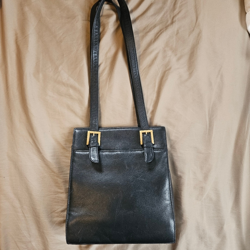 Vintage Valerie Stephens Black Leather Shoulder Bag with Gold Buckle Hardware